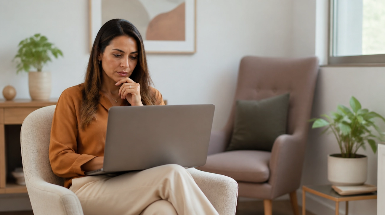Psicóloga em seu consultório olhando para o notebook, analisando como abrir CNPJ para psicólogo